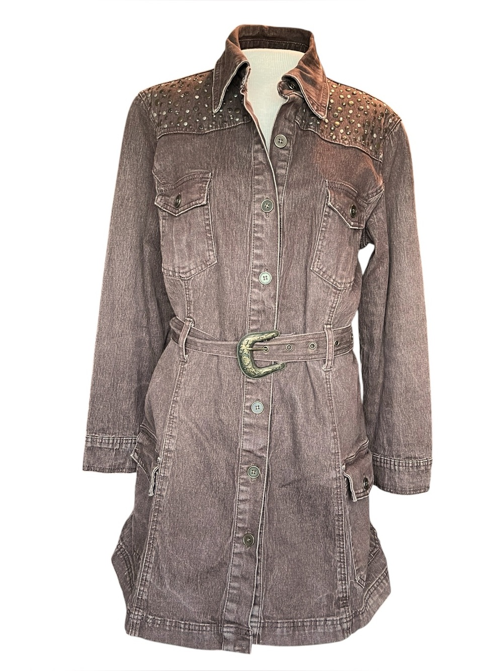 Vintage 2000s Women’s Brown Denim Studded Belted Trench Coat Sz L
